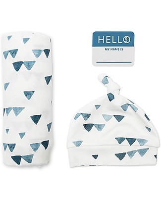 Lulujo Baby Set Hello World, Cappellino + Swaddle, Triangoli Blu, 120 x 120 cm - Bambù Copertine Swaddles