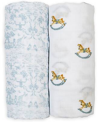 Lulujo Baby Set of 2 Swaddle Covers 100 x 100 cm - Rocking Horse/Toile - 100% Cotton Muslin Muslin Swaddle