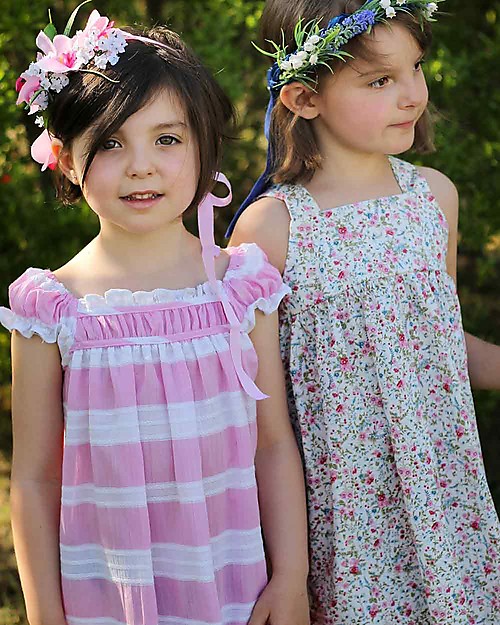 Maghi e Maci Firenze Abito Raja, Fiori Rosa/Bianco - 100% Cotone, Fatto a Mano Vestiti_