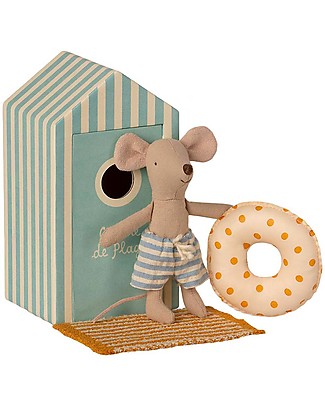 Maileg Topi da Spiaggia - Fratellino - con Cabine de Plage - Altezza 11 cm Peluche