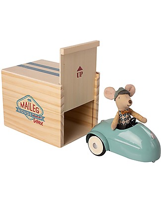 Maileg Topino con Macchina Vintage Blu e Garage - 10 cm Macchine e Trenini in Legno