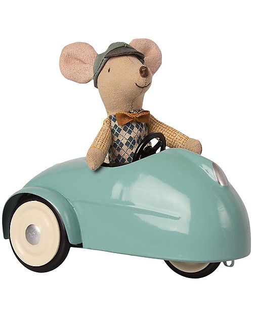 Maileg Topino con Macchina Vintage Blu e Garage - 10 cm Pupazzi
