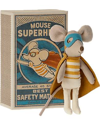 Maileg Topo Supereroe - Fratellino in Scatola di Fiammiferi - Altezza 11 cm Peluche