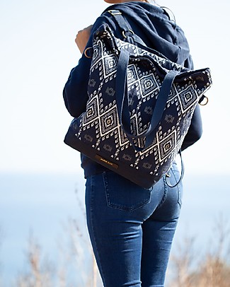 Mara Mea Borsa Fasciatoio 4 in 1 Ancient City - Blu Scuro/Panna - Cotone impremeabilizzato (multifunzionale e multitasche) Zaini