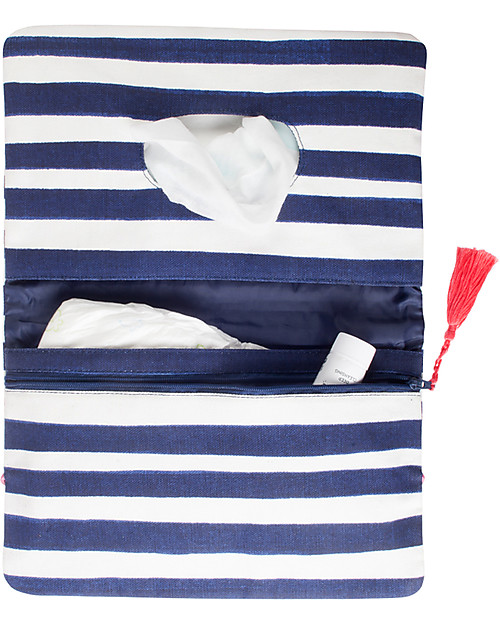 Mara Mea Pochette Porta Pannolini Having a Picnic - Righe Blu e Bianche - Tela di Cotone Borse Cambio