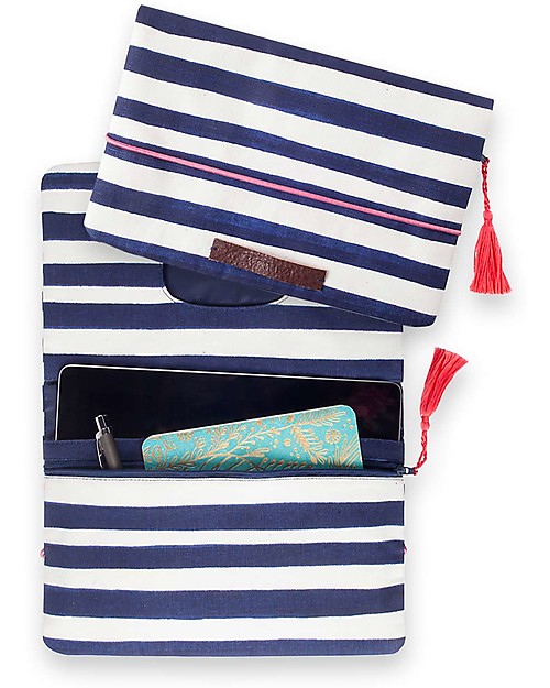 Mara Mea Pochette Porta Pannolini Having a Picnic - Righe Blu e Bianche - Tela di Cotone Borse Cambio