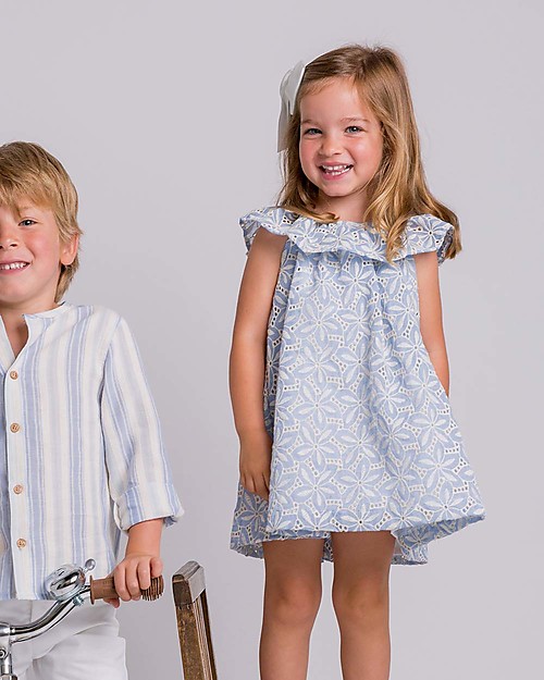 Maria Bianca Abito Estivo Bimba con Balza, Azzurro - 100% Cotone Vestiti_