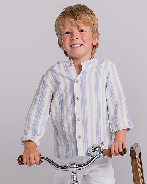 Maria Bianca Camicia Bimbo Maniche Lunghe con Bottoncini in Legno, Righe Azzurre/Beige - 100% cotone Camicie_