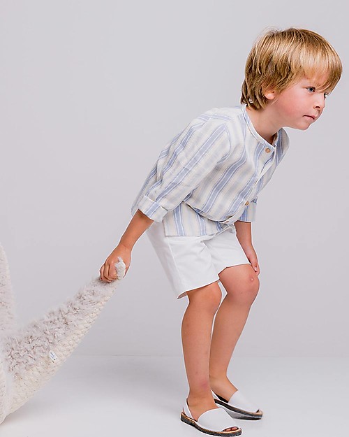 Maria Bianca Camicia Bimbo Maniche Lunghe con Bottoncini in Legno, Righe Azzurre/Beige - 100% cotone Camicie_