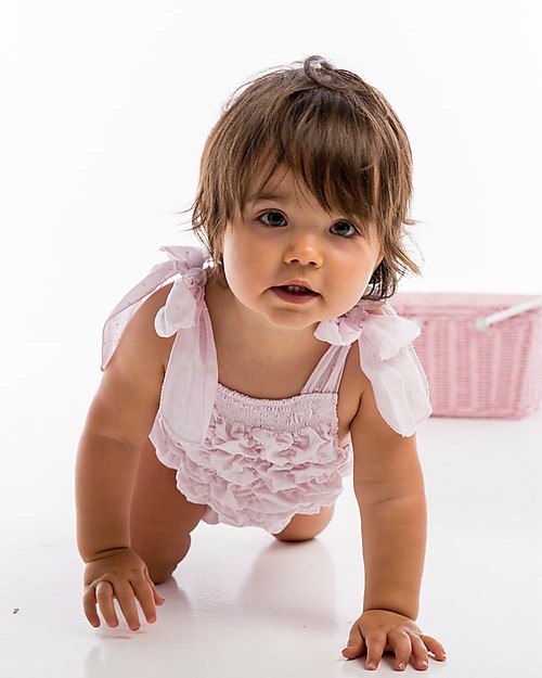 Maria Bianca Costume Intero Bimba Arricciato Con Fiocchi, Rosa - 100% cotone Costumi Interi