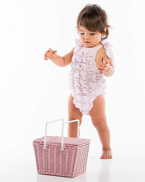 Maria Bianca Costume Intero Bimba Arricciato Con Fiocchi, Rosa - 100% cotone Costumi Interi