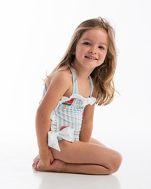 Maria Bianca Costume Intero Bimba con Bretelle Intrecciate e Fiocchetti, Righe Azzurre/Ghiaccioli Costumi Interi