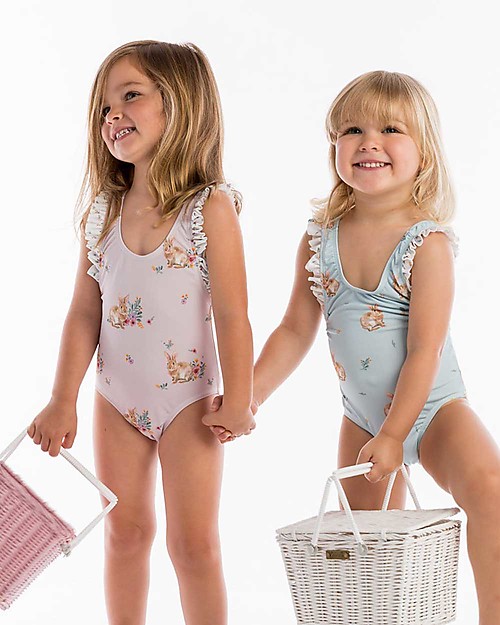 Maria Bianca Costume Intero Bimba Coniglietti con Fiocco sul Retro, Rosa Costumi Interi