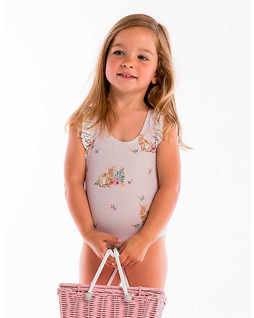 Maria Bianca Costume Intero Bimba Coniglietti con Fiocco sul Retro, Rosa Costumi Interi