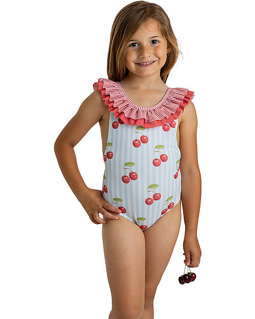 Meia Pata Costume da Bagno Intero Cancun - Ciliegie - con Volant e Fiocco Costumi Interi