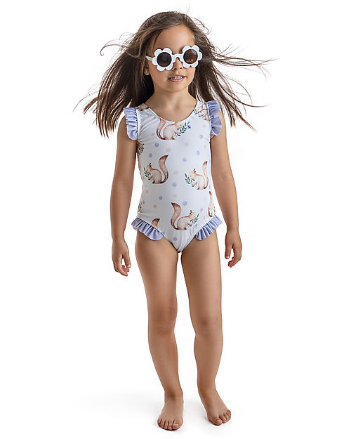 Meia Pata Costume da Bagno Intero La Digue - Scoiattolo Lilla - con Volant e Fiocco Costumi Interi