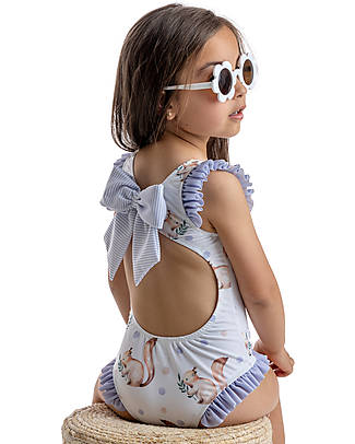 Meia Pata Costume da Bagno Intero La Digue - Scoiattolo Lilla - con Volant e Fiocco Costumi Interi
