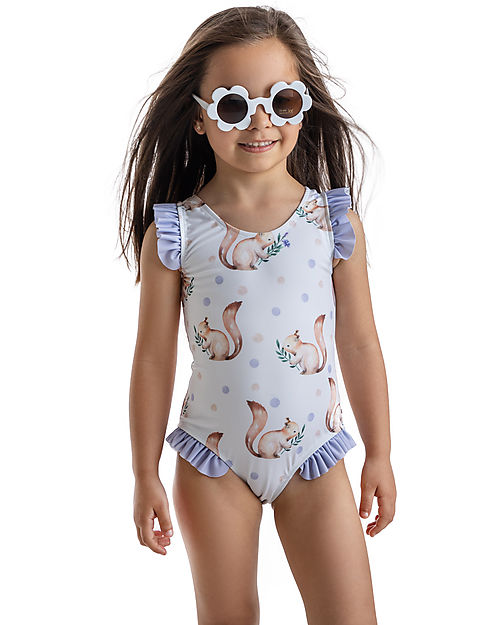 Meia Pata Costume da Bagno Intero La Digue - Scoiattolo Lilla - con Volant e Fiocco Costumi Interi