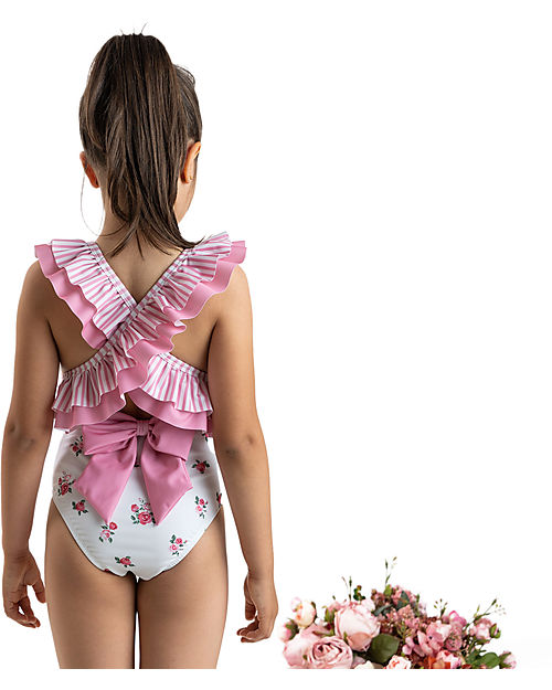 Meia Pata Costume da Bagno Intero Seychelles - Fiori - con Volant e Fiocco Costumi Interi