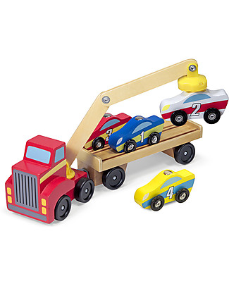 Melissa & Doug Camion Autotrasporto in Legno - Braccio Magnetico e 4 macchinine! Giochi Creativi