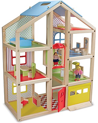 Melissa & Doug Casa delle Bambole in Legno - 76 cm - Comprende 15 pezzi d'arredamento e 3 bamboline! Case delle Bambole