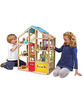 Melissa & Doug Casa delle Bambole in Legno - 76 cm - Comprende 15 pezzi d'arredamento e 3 bamboline! Case delle Bambole