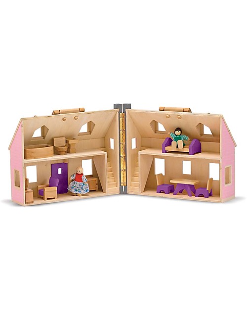 Melissa & Doug Casa delle Bambole in Legno Trasportabile Fold & Go - Personaggi inclusi! Case delle Bambole