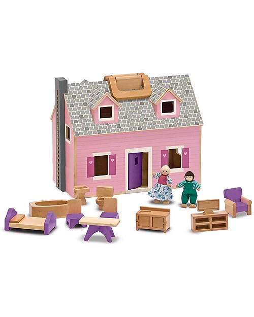 Melissa & Doug Casa delle Bambole in Legno Trasportabile Fold & Go - Personaggi inclusi! Case delle Bambole