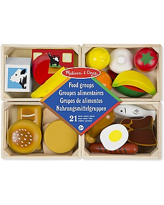 Melissa & Doug Food Groups, Cassettine di Cibi in Legno - Set da 21 pezzi! Cucine Giocattolo e Cibo Finto