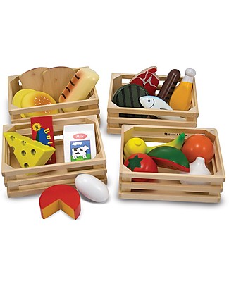 Melissa & Doug Food Groups, Cassettine di Cibi in Legno - Set da 21 pezzi! Far finta di
