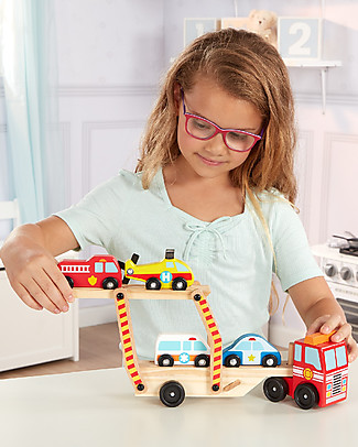 Melissa & Doug Gioco in Legno Camion per Trasporto Veicoli Emergenza - Con 4 macchinine incluse! Macchine e Trenini in Legno