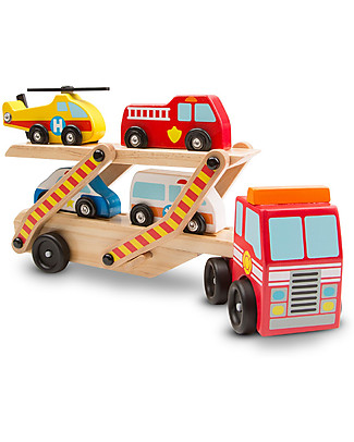 Melissa & Doug Gioco in Legno Camion per Trasporto Veicoli Emergenza - Con 4 macchinine incluse! Macchine e Trenini in Legno