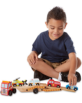 Melissa & Doug Gioco in Legno Camion per Trasporto Veicoli Emergenza - Con 4 macchinine incluse! Macchine e Trenini in Legno