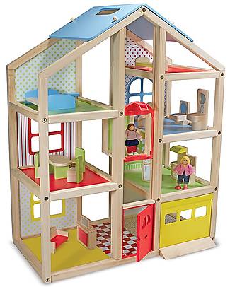 Melissa & Doug OUTLET - Casa delle Bambole in Legno - 76 cm - Comprende 15 pezzi d'arredamento e 3 bamboline! - Pezzo di Showroom Case delle Bambole