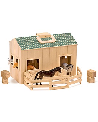 Melissa & Doug Scuderia in Legno Trasportabile Fold & Go - 4 Cavalli Inclusi! Animali in Legno