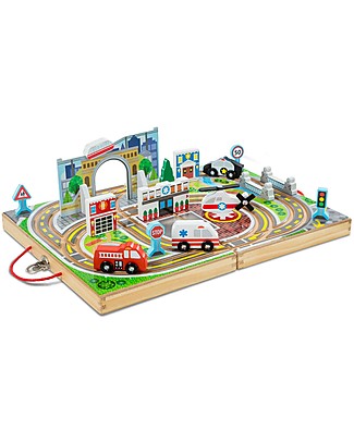 Melissa & Doug Set Città Portatile in Legno - Include Sfondo + Veicoli e Costruzioni! Macchine e Trenini in Legno