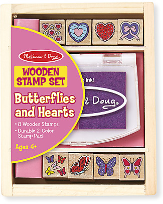 Melissa & Doug Set di 8 Timbri in Legno - Farfalle e cuoricini Adesivi e Timbri