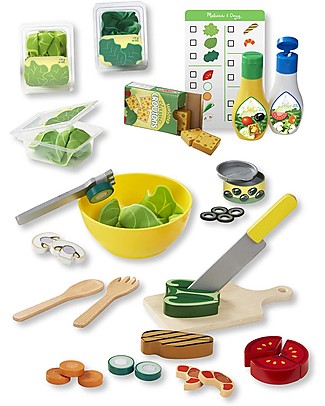 Melissa & Doug Set di Insalata in Legno - Vegetali da Affettare e Piatti da Comporre Cibo Giocattolo