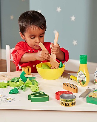 Melissa & Doug Set di Insalata in Legno - Vegetali da Affettare e Piatti da Comporre Cibo Giocattolo