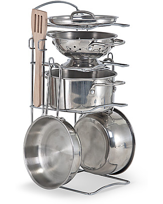 Melissa & Doug Set di Pentole Giocattolo - Acciaio Inox - 8 Pezzi Cucine Giocattolo e Cibo Finto