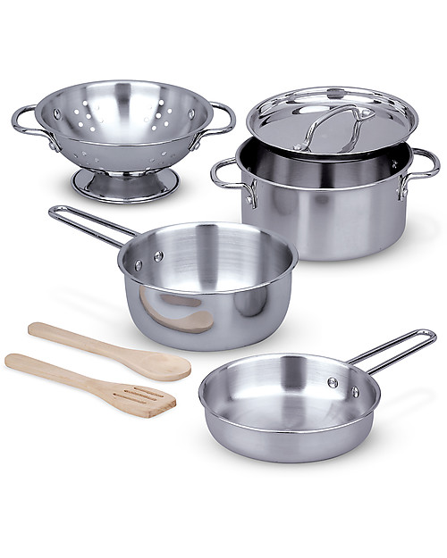 Melissa & Doug Set di Pentole Giocattolo - Acciaio Inox - 8 Pezzi Cucine Giocattolo