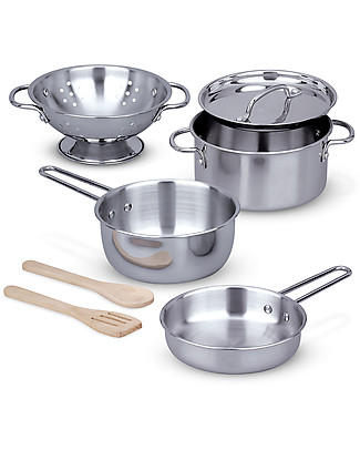 Melissa & Doug Set di Pentole Giocattolo - Acciaio Inox - 8 Pezzi Cucine Giocattolo