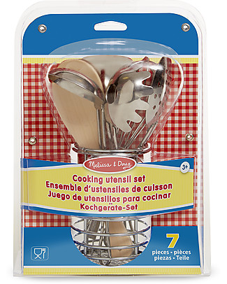 Melissa & Doug Set di Utensili da Cucina Giocattolo - Acciaio Inox - 7 Pezzi Cucine Giocattolo e Cibo Finto