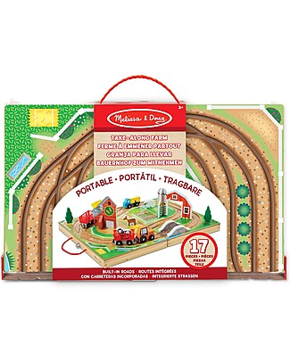 Melissa & Doug Set Fattoria Portatile in Legno - Include Sfondo + Veicoli, Animali e Costruzioni! Macchine e Trenini in Legno