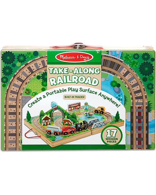 Melissa & Doug Set Ferrovia Portatile in Legno - Include Sfondo + Treno e Costruzioni! Macchine e Trenini  in Legno