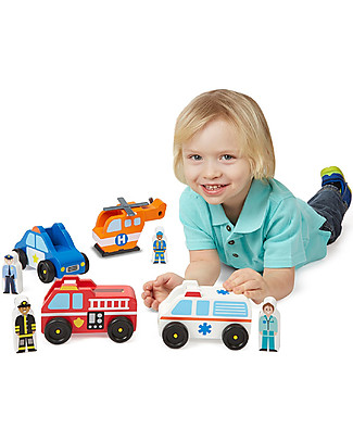 Melissa & Doug Set Gioco in Legno Veicoli d'Emergenza - Comprende 4 macchinine e 4 figurine! Macchine e Trenini in Legno
