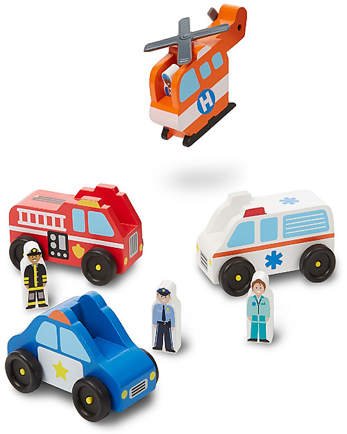 Melissa & Doug Set Gioco in Legno Veicoli d'Emergenza - Comprende 4 macchinine e 4 figurine! Macchine e Trenini  in Legno