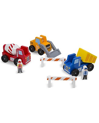 Melissa & Doug Set in Legno: 3 Veicoli del Cantiere + Barriere + Operai - Ottima idea regalo! Macchine e Trenini in Legno