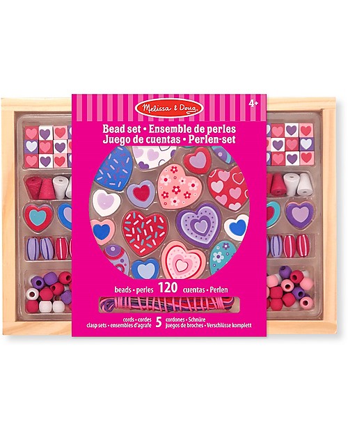 Melissa & Doug Set in Legno per Creare Braccialetti - Cuori - 120 perline e 5 nastrini Kit Fai Da Te