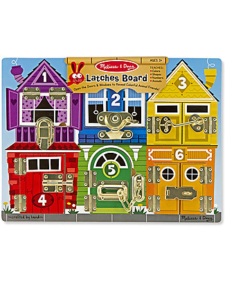 Melissa & Doug Tavoletta dei Chiavistelli - Insegna numeri-colori- animali e manualità! Incastri in Legno